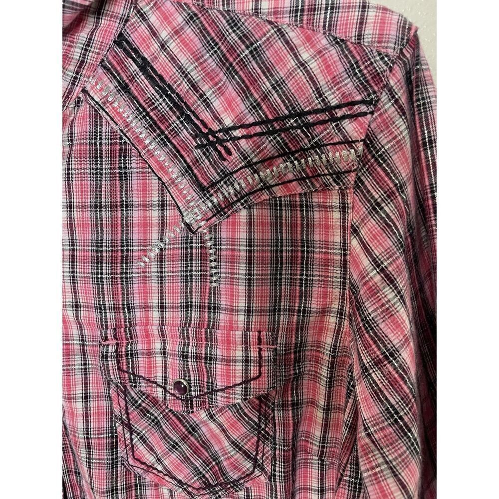 ARIAT Size M Pearl Snap Button Shirt Fitted Pink Plaid Embroidered Womens Silver - Picture 5 of 10